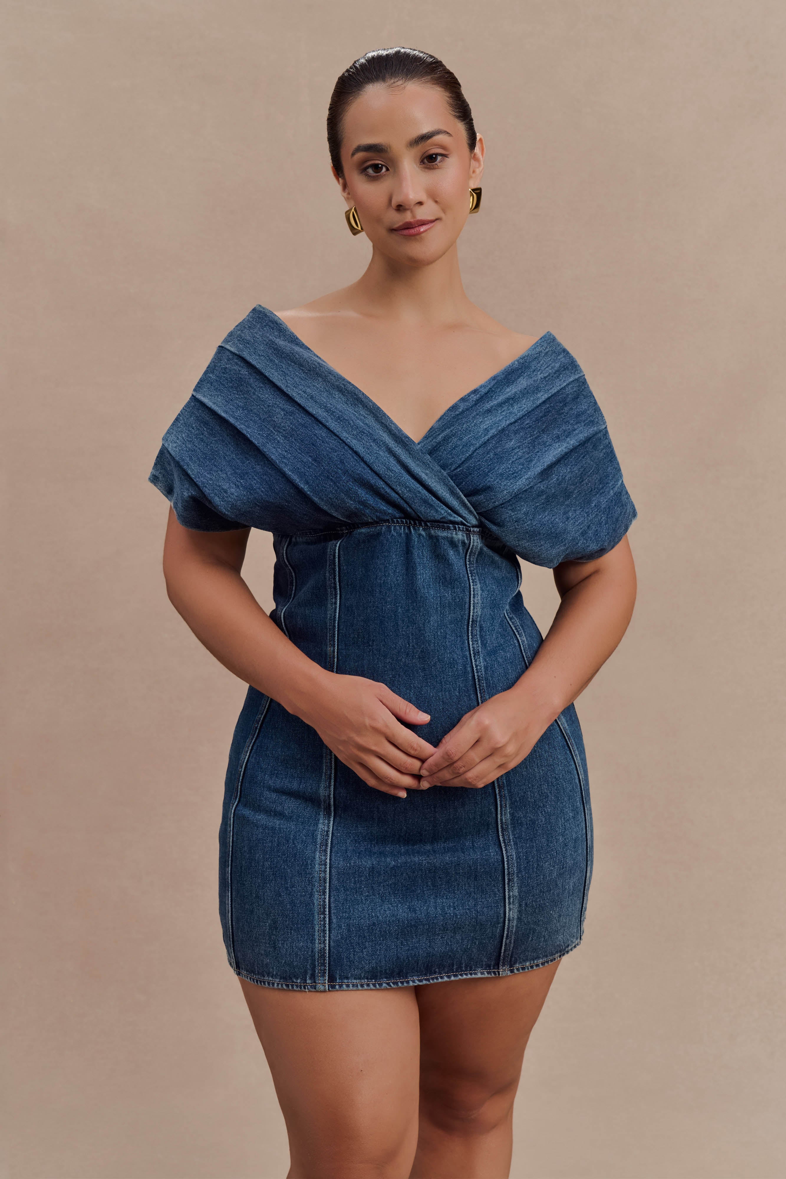 Pascale Off Shoulder Denim Mini Dress - Washed Dark Blue