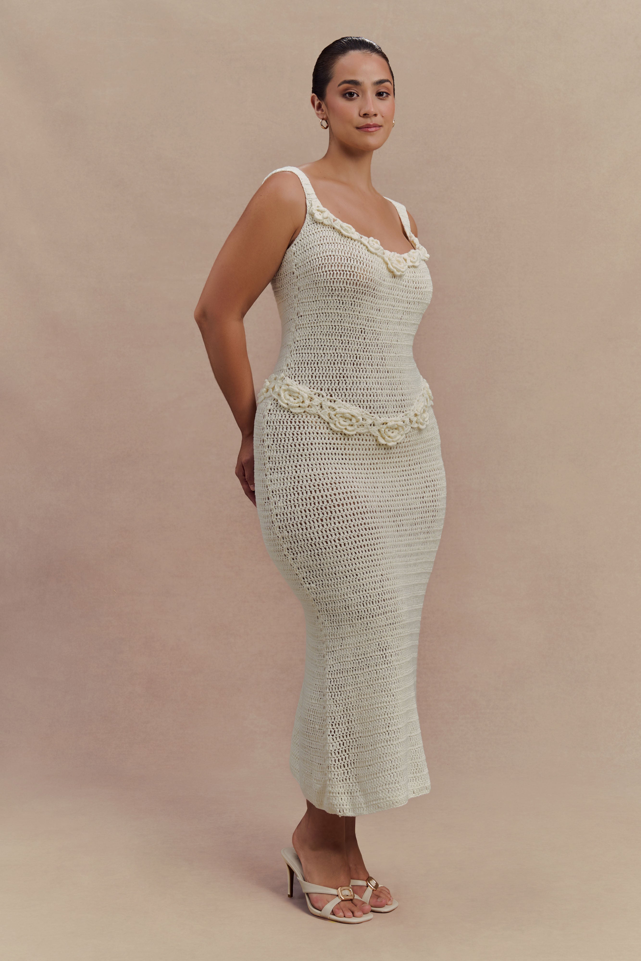 Teagan Floral Hand Crochet Midi Dress - Ivory