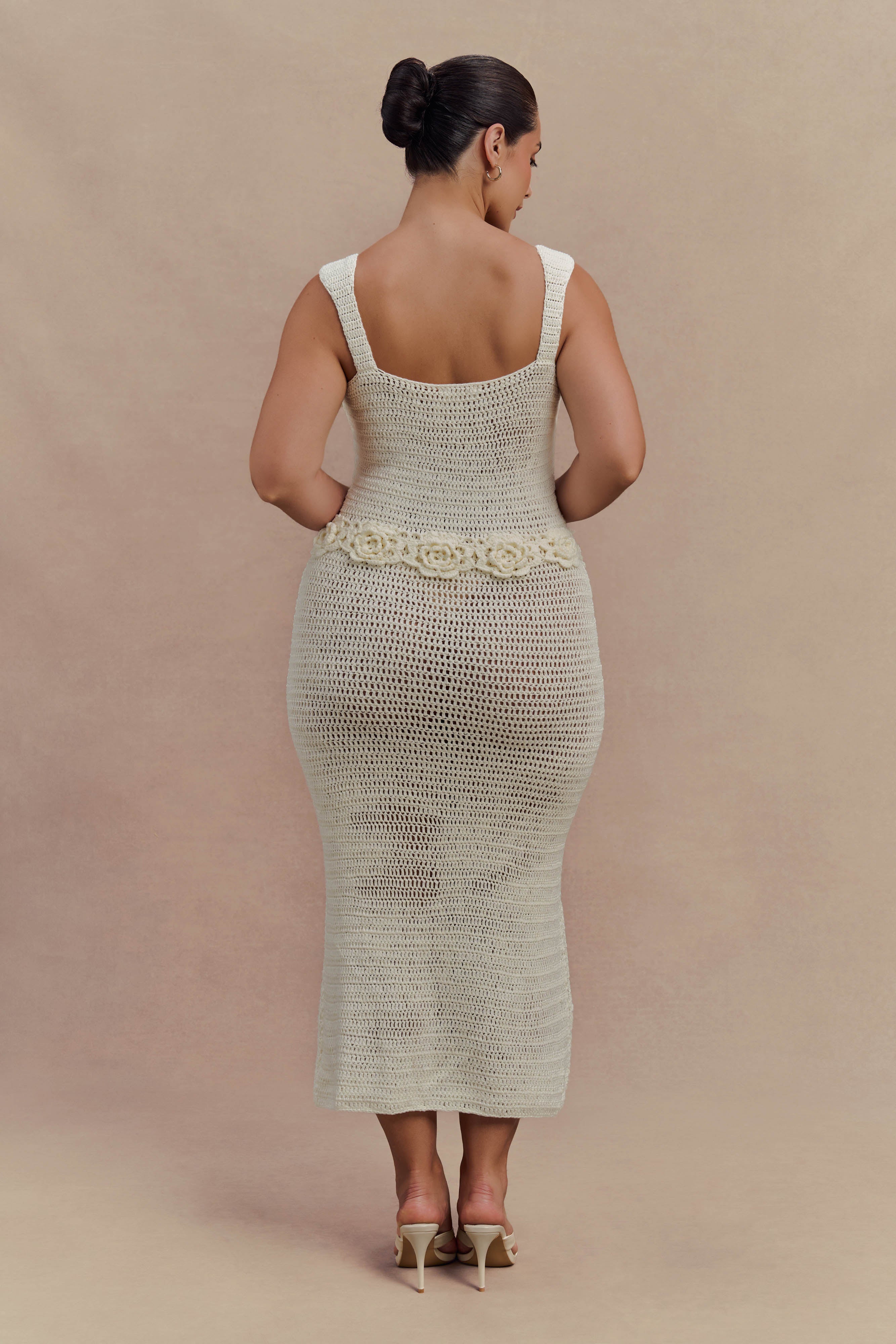 Teagan Floral Hand Crochet Midi Dress - Ivory
